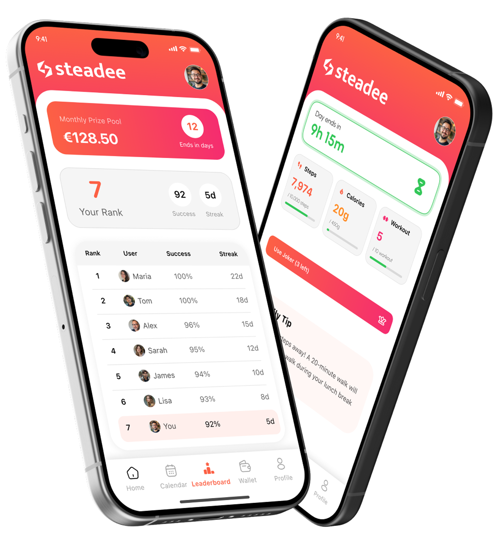 Steadee app showing fitness goals and progress tracking